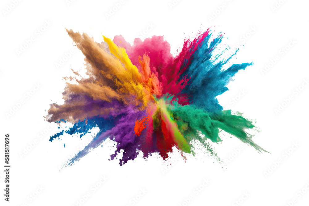 Holi color powder explosion with rainbow on isolated white background, burst of vibrant colors. Generative AI