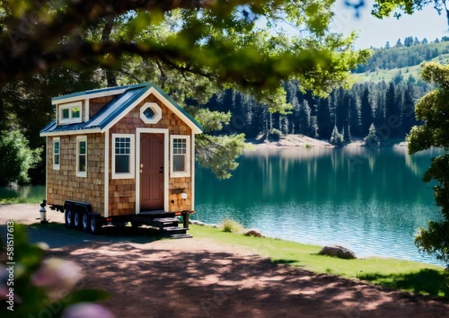 Tiny house next to blue lake. Van life simple concept. Generative AI