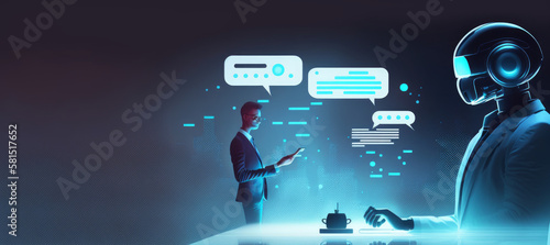Chatbot dialogue. Person seeking assistance from a chatbot in online customer care. Automation technology for CRM software and artificial intelligence. online virtual assistant - Generative AI © Bartek