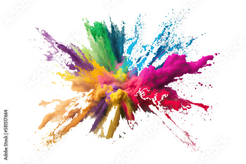 Holi color powder explosion with rainbow on isolated white background, burst of vibrant colors. Generative AI