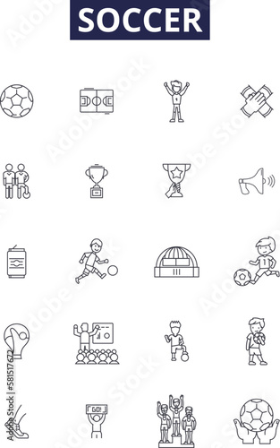 Soccer line vector icons and signs. Goal, Kick, Striker, Pass, Skiller, Defender, Pitch, Penalty outline vector illustration set
