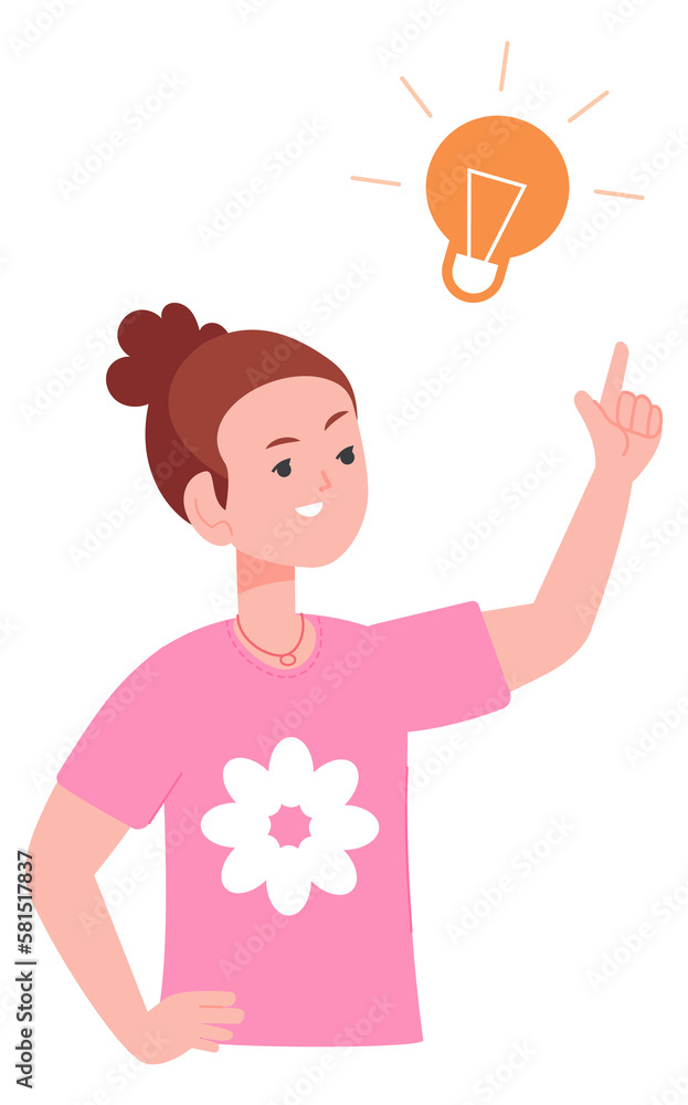Girl having idea. Kid pointing at lightbulb icon