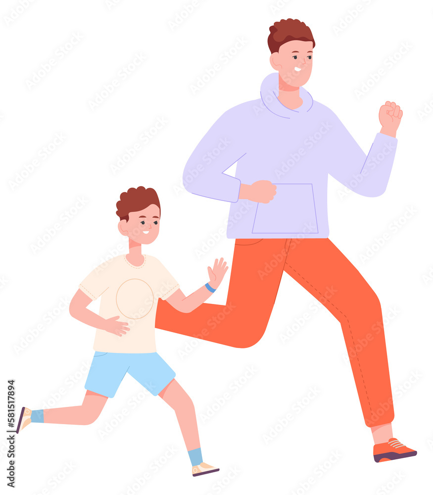 Running father and son. Active family training together Running father and son. Active family training together