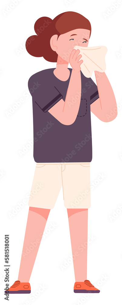 Girl sneezing in tissue. Nose sickness rhinitis symptom Girl sneezing in tissue. Nose sickness rhinitis symptom