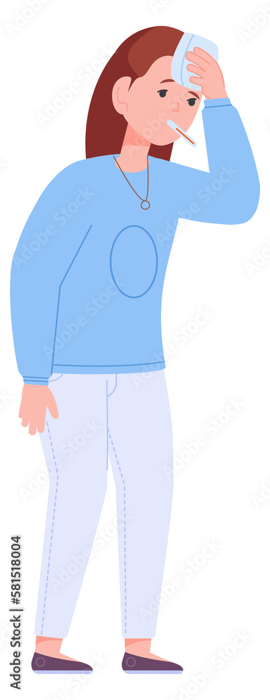 Sick girl with fever. Influenza symptom. Kid with high body temperature Sick girl with fever. Influenza symptom. Kid with high body temperature