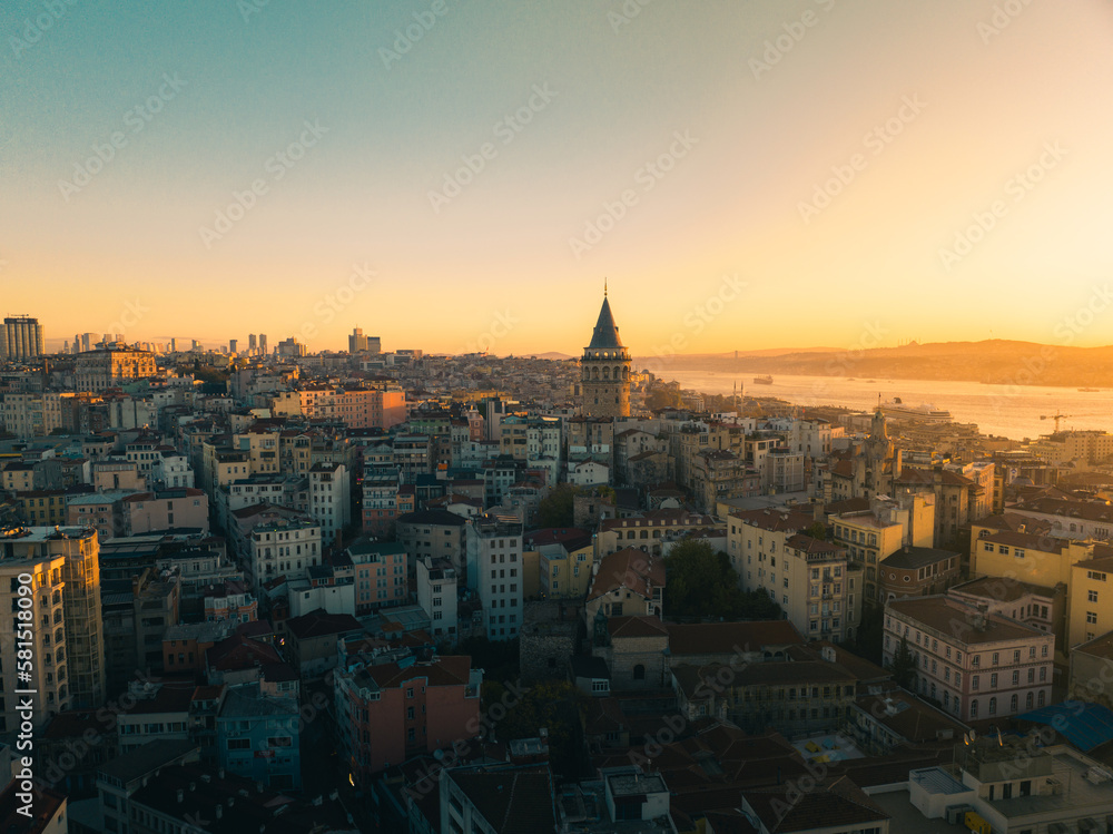 The European side of istanbul including the Galata tower as viewed from the air on a sunny spring morning. 