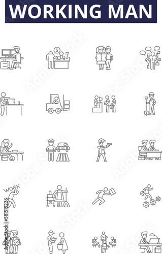 Working man line vector icons and signs. Worker, Employed, Manual, Operative, Operate, Craftsman, Artisan, Ply outline vector illustration set