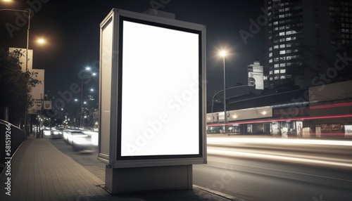 Blank street billboard poster stand on city background, generative ai