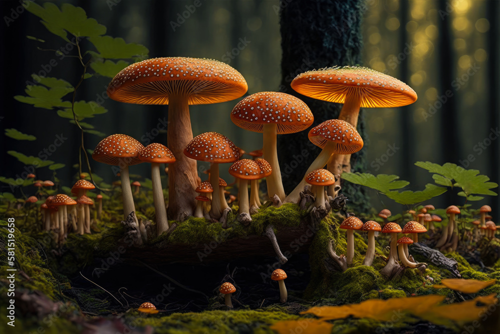 Fototapeta premium A group of orange fly mushrooms with white spots on them in the forest. Created with Generative AI.