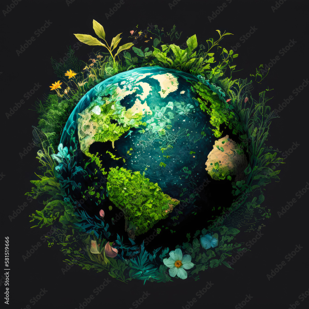 The Earth planet wtih plants around it on a black background.  The Earth day concept. Created with Generative AI.