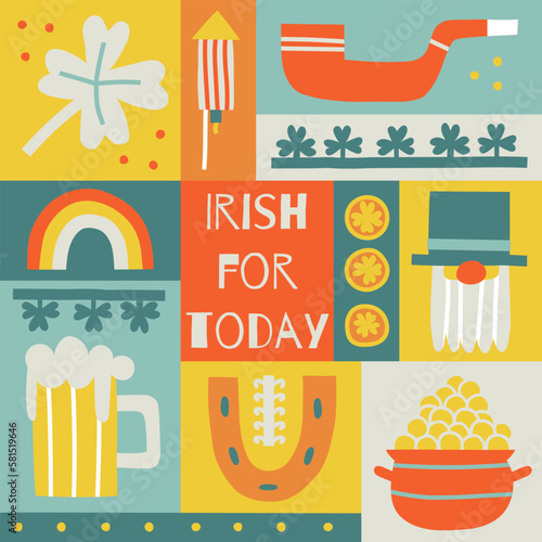 St. Patrick's day illustration concept. Modern style graphics with four leaf clover, horseshoe, beer, rainbow and leprechaun. Irish for today. Perfect for social media post, poster, cover or flyer.
