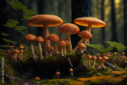 A group of orange fly mushrooms with white spots on them in the forest. Created with Generative AI.