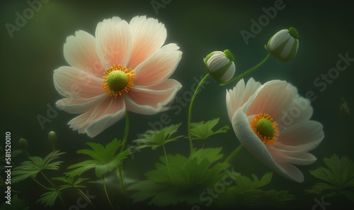  three pink flowers with green leaves on a dark background, with a green background and a white flower in the center of the picture, with a yellow center. generative ai