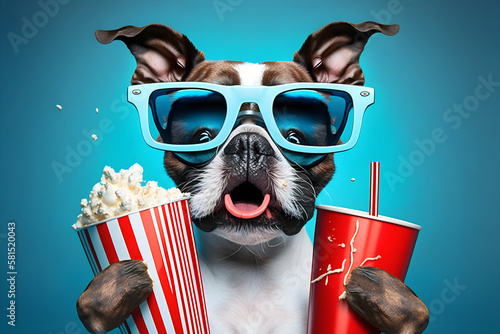 Dog in 3d glasses with soft frink and popcorn, concept of cinema background, AI generated © Elena