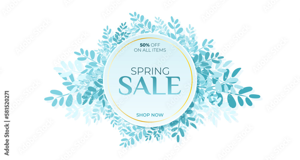 Spring sale banner template with blue leaves. Spring sale banner template with blue leaves.