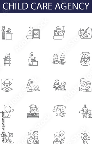 Child care agency line vector icons and signs. child, agency, family, people, mother, woman, kid,person outline vector illustration set