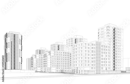 Modern buildings architectural drawing 3d illustration 