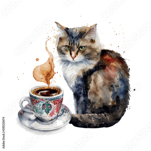 Turkish Cat with coffee cup. Watercolor Vector illustration for coffee houses. Can be used for menu, logo or flyer, greeting card, design t-shirt, print or poster.