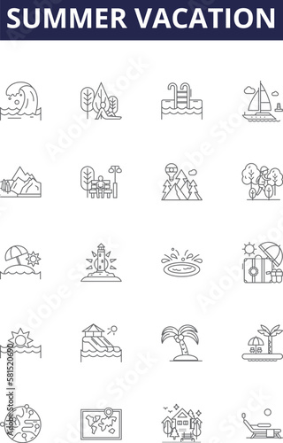 Summer vacation line vector icons and signs. Summer, Trip, Sun, Beach, Fun, Relaxation, Adventure, Exploration outline vector illustration set