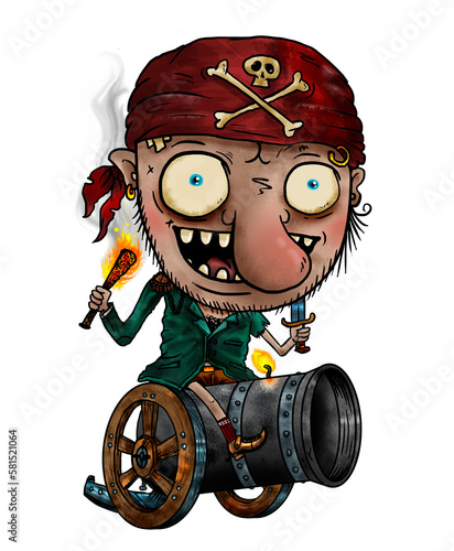 Crazy Pirate Sitting On Cannon Funny Illustration On Transparent Background