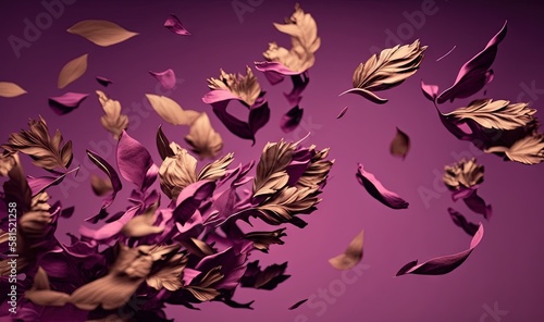 a bunch of purple leaves flying in the air on a purple background with a purple background and a purple background with a purple background and white border.  generative ai