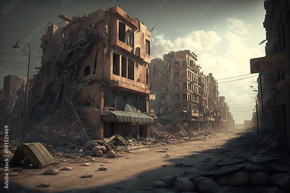 Fototapeta premium Ruined city, Destroyed buildings. Post apocalyptic. Generative AI 