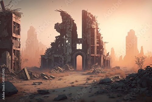 Ruined city, Destroyed buildings. Post apocalyptic. Generative AI 