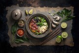 Top view of an Asian dish with a variety of components on a rustic stone background. Thai and Vietnamese food. Generative AI