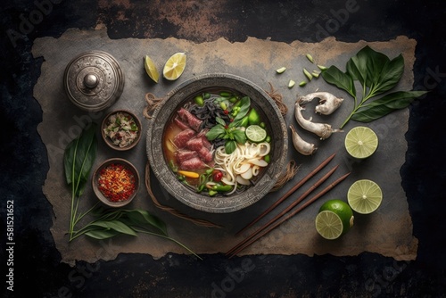 Top view of an Asian dish with a variety of components on a rustic stone background. Thai and Vietnamese food. Generative AI photo