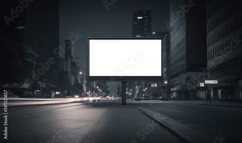  an empty billboard in the middle of a city street at night with a building in the background and a street light in the foreground.  generative ai