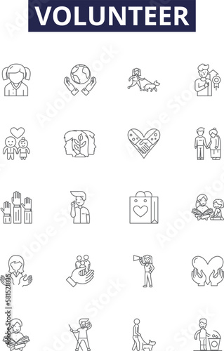 Volunteer line vector icons and signs. assistance, involvement, serve, offering, donor, helper, aiding, contribute outline vector illustration set