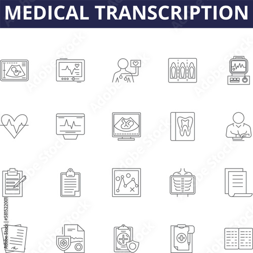 Medical transcription line vector icons and signs. Transcription, Medical, Healthcare, Recordings, Audio, Reports, Dictation, Notes outline vector illustration set