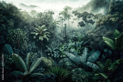 views of the jungle. An aerial overview of a tropical jungle in the mist of the morning. artwork. Generative AI photo