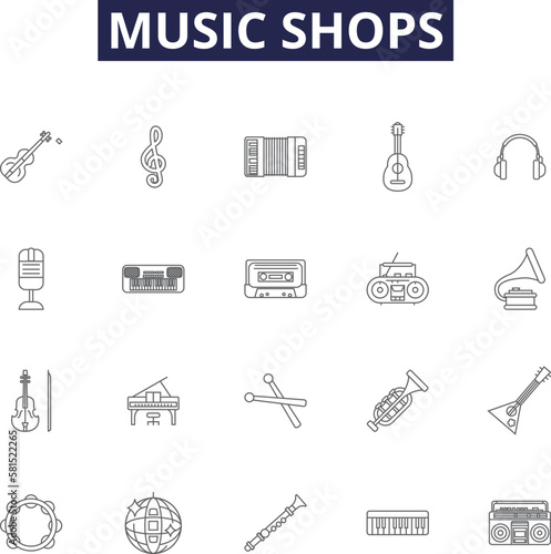 Music shops line vector icons and signs. Shops, Records, Stores, CD, Vinyl, Tape, Tapes, Albums outline vector illustration set