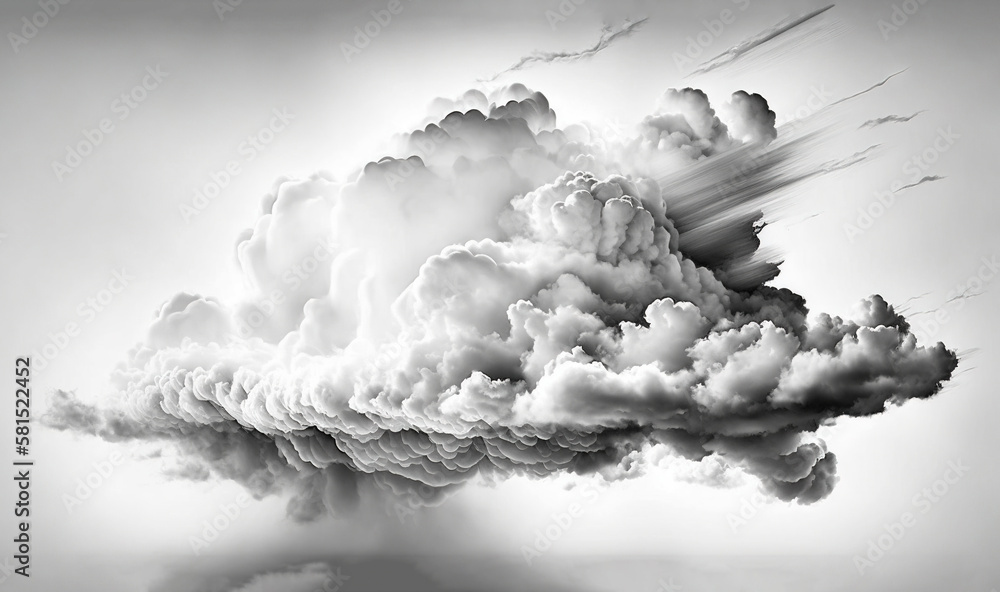  a black and white photo of a cloud with a plane in the sky in the middle of the picture, with a black and white background.  generative ai