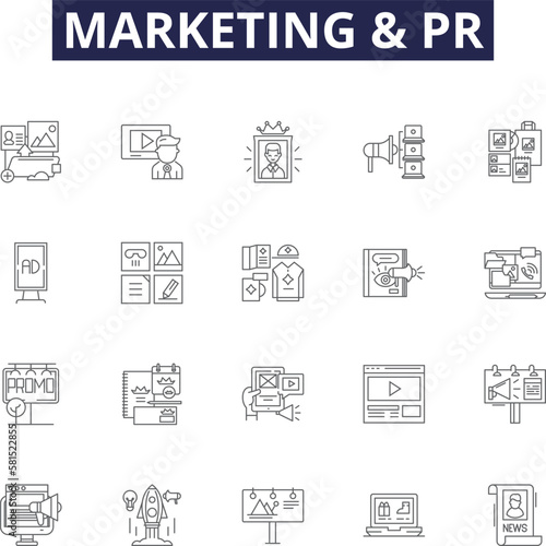 Marketing & pr line vector icons and signs. PR, Advertising, Promotion, Branding, Publicity, Digital, Social, Media outline vector illustration set