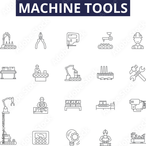 Machine tools line vector icons and signs. Turning, Drilling, Grinding, Milling, Boring, Shaping, Grinding, Broaching outline vector illustration set