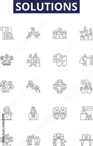 Solutions line vector icons and signs. Answers, Resolve, Solve, Address, Alleviate, Breach, Clarify, Cure outline vector illustration set