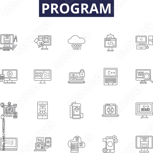 Program line vector icons and signs. Script, Compile, Run, Execute, Process, Logic, Programmer, Machine outline vector illustration set