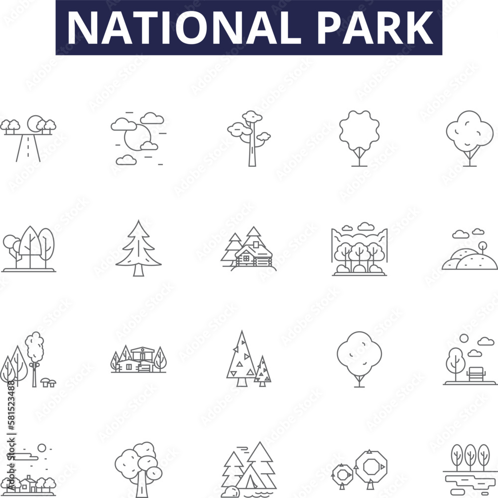 National park line vector icons and signs. National, Nature, Wildlife, Preserve, Reserve, Monument, Recreation, Camping outline vector illustration set