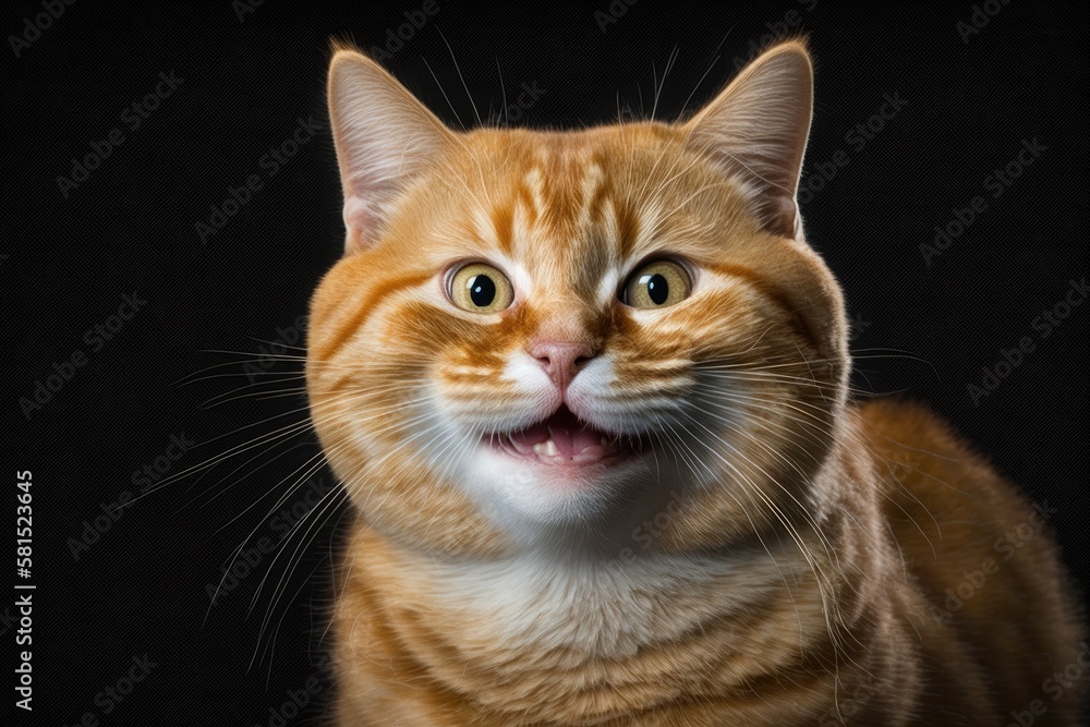 Funny Portrait of Smiling Ginger Cat Gazing on Isolated Black Background with Wide Mouth. Generative AI