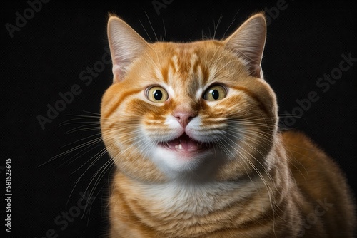 Funny Portrait of Smiling Ginger Cat Gazing on Isolated Black Background with Wide Mouth. Generative AI © AkuAku