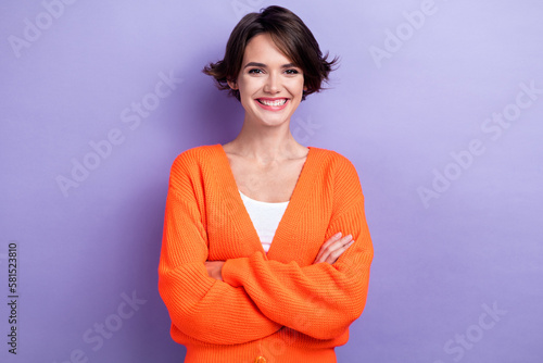 Photo of glad pretty lady toothy smile wear comfort clothes arm crossed good mood isolated on purple color background photo