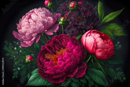 Fototapeta Naklejka Na Ścianę i Meble -  summer bouquet of pink and crimson peonies on dark background, created with generative ai