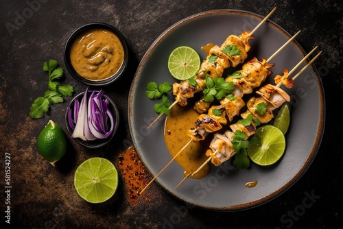 Top view of cooked chicken satay skewers with lime and peanut sauce. Thai cuisine of an Asian flavor. Generative AI photo