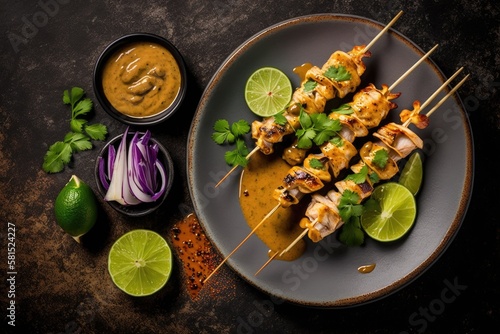 Top view of cooked chicken satay skewers with lime and peanut sauce. Thai cuisine of an Asian flavor. Generative AI
