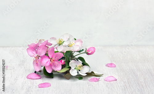 Pink and white flowers apple tree on white wooden table on a light background with space for text