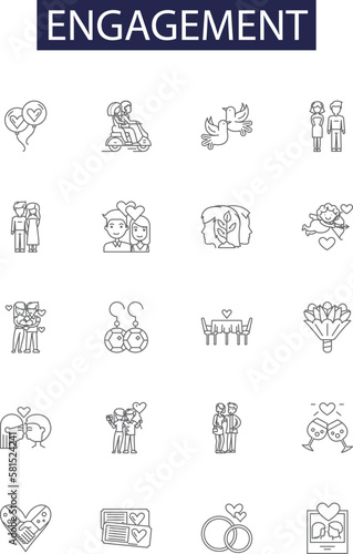 Engagement line vector icons and signs. Commitment, Interaction, Resonance, Ceremony, Fascination, Cooperation, Cooperation, Concord outline vector illustration set