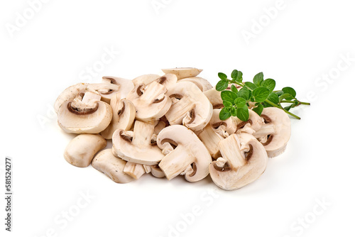 Sliced Champignons, close-up, isolated on white background.