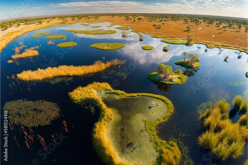 Aerial panoramic view of the Okavango Delta (Okavango Grassland), One of the Seven Natural Wonders of Africa, Botswana, AI generated